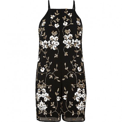 River Island black and gold embellished playsuit – floral sequined playsuits – embellished evening wear – party fashion – going out glamour – glamorous clothing