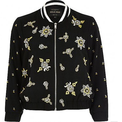 river island black bead embellished bomber jacket. Floral embellishments | beaded jackets | jewelled outerwear | on-trend fashion - flipped
