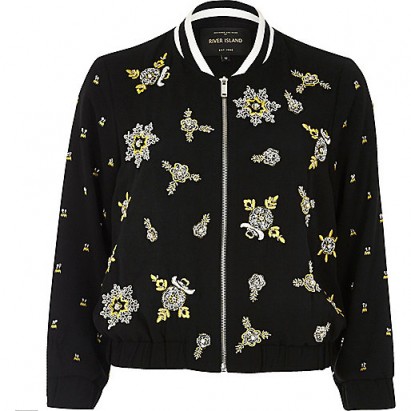 river island black bead embellished bomber jacket. Floral embellishments | beaded jackets | jewelled outerwear | on-trend fashion