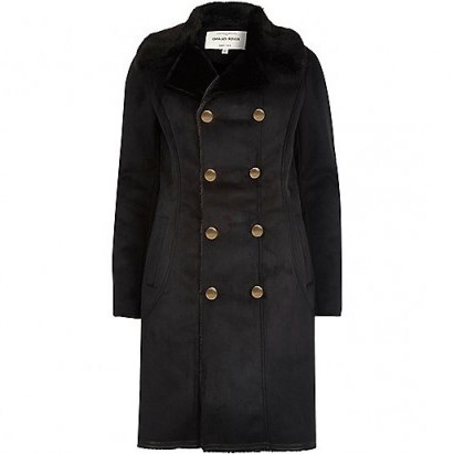 River Island Black faux fur trim military coat – smart winter coats – fashionable outerwear – warm & snugly - flipped