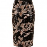 River Island black floral sequin pencil skirt – shimmering skirts – evening fashion – going out glamour – sequined embellished clothing – party style – sequins