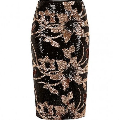 River Island black floral sequin pencil skirt – shimmering skirts – evening fashion – going out glamour – sequined embellished clothing – party style – sequins - flipped