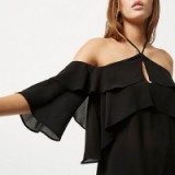 River Island black frill cold shoulder blouse. Going out blouses | frilly evening tops | party fashion | frills | ruffles