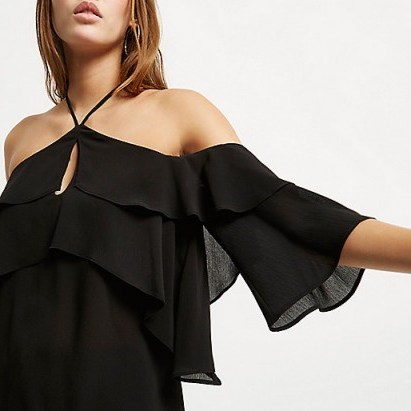 River Island black frill cold shoulder blouse. Going out blouses | frilly evening tops | party fashion | frills | ruffles - flipped