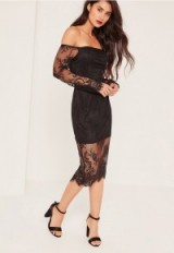 missguided black lace bardot long sleeve midi dress ~ off the shoulder fashion ~ semi sheer evening dresses ~ going out glamour ~ party season