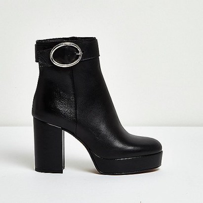 River Island Black leather buckle platform heel ankle boots – chunky high heeled boots – high heels – winter footwear – on-trend fashion – platforms - flipped
