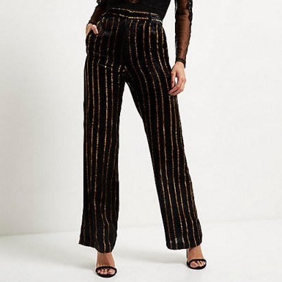 River Island black metallic stripe wide leg trousers. Evening fashion | going out style - flipped