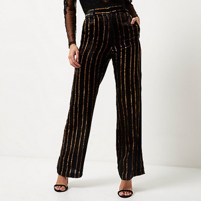 River Island black metallic stripe wide leg trousers. Evening fashion | going out style