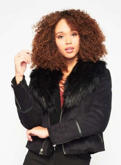 Miss Selfridge Black Shearling Jacket. Fur collar jackets ~ winter outerwear - flipped