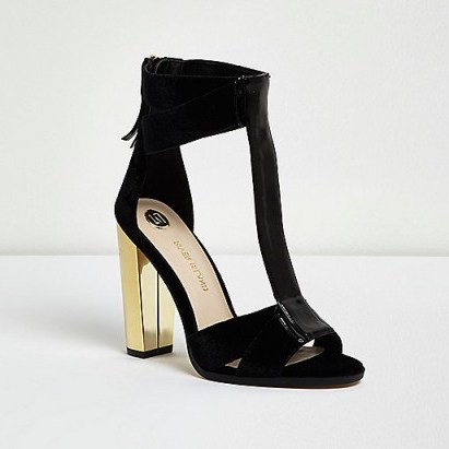 River Island Black T-bar gold heel sandals – high heels – glamorous evening shoes – going out fashion – glamour & style - flipped