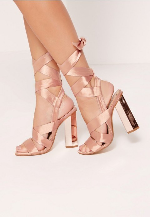 Missguided block heel tie satin sandals rose gold – ankle wrap evening shoes – party high heels – going out footwear – ankle ties - flipped