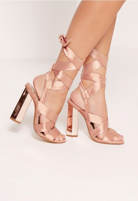 Missguided block heel tie satin sandals rose gold – ankle wrap evening shoes – party high heels – going out footwear – ankle ties