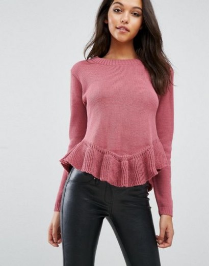 Boohoo Ruffle Hem Jumper in pink. Ruffles jumpers | cute sweaters | on-trend knitwear | knitted winter fashion - flipped