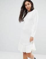 Boohoo Ruffle Hem Jumper Dress in cream. Sweater dresses | cute knitwear | round neckline | knitted fashion