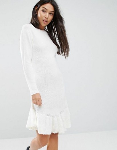 Boohoo Ruffle Hem Jumper Dress in cream. Sweater dresses | cute knitwear | round neckline | knitted fashion - flipped