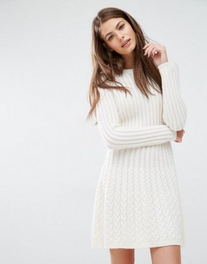BOSS Orange By Hugo Boss Wedenas Cableknit Long Sleeve Dress in cream. Designer knitted fashion | cable knit sweater dresses | winter knitwear - flipped