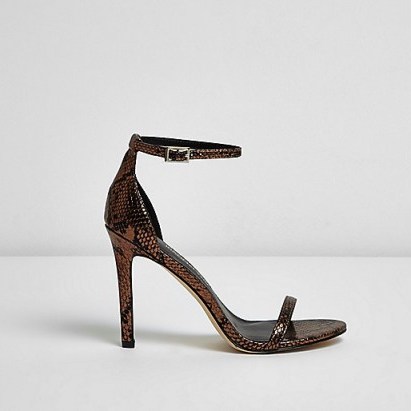 River Island bronze scale barely there heeled sandals – ankle strap high heels – stiletto heel sandal – party shoes – going out fashion – evening accessories – snake print – glamorous animal prints - flipped