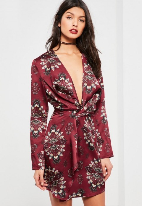 Missguided burgundy print silky wrap dress – dark red evening dresses – going out fashion – plunge front party wear – printed fabrics – deep v neckline - flipped