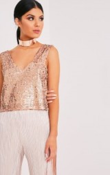 Pretty Little Thing Camari Gold Sequin V Neck Crop Top – sequined tops – glamorous evening wear – shimmering party fashion – going out glamour – embellished – glitzy