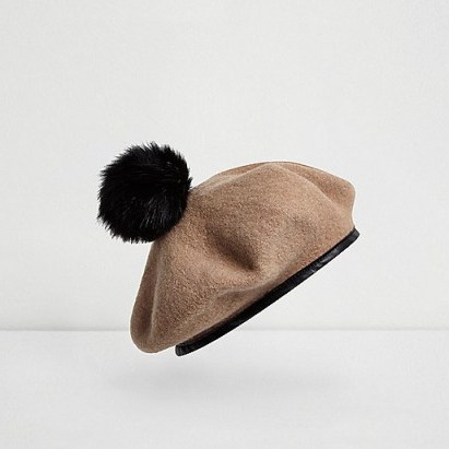 River Island camel pom pom beret. Cute hats | winter berets | stylish accessories - flipped