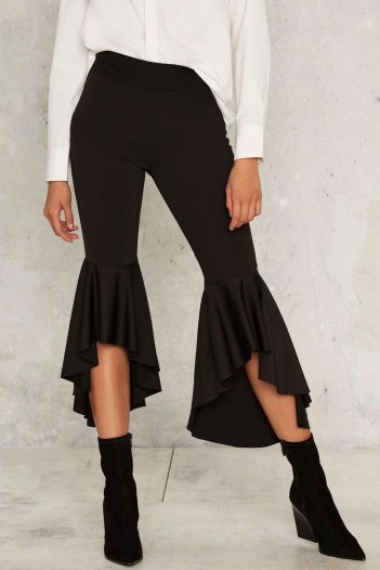 Cha Cha Ruffle Pants in black. High low ruffled hem trousers | ruffles | cropped | on-trend fashion - flipped