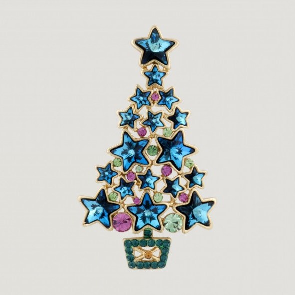 Butler & Wilson BLUE CHRISTMAS STAR TREE BROOCH – xmas trees – costume jewellery – pretty brooches - flipped