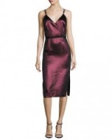 cinq a sept Soleil Metallic Strappy Cocktail Dress in cherry ~ spaghetti shoulder straps ~ metallics ~ occasion dresses ~ chic evening wear ~ fashion