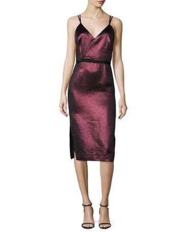 cinq a sept Soleil Metallic Strappy Cocktail Dress in cherry ~ spaghetti shoulder straps ~ metallics ~ occasion dresses ~ chic evening wear ~ fashion - flipped