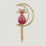 Butler & Wilson PINK CRYSTAL CAT WITH CRESCENT MOON BROOCH – fashion brooches – costume jewellery – crystals – cute cats – animals