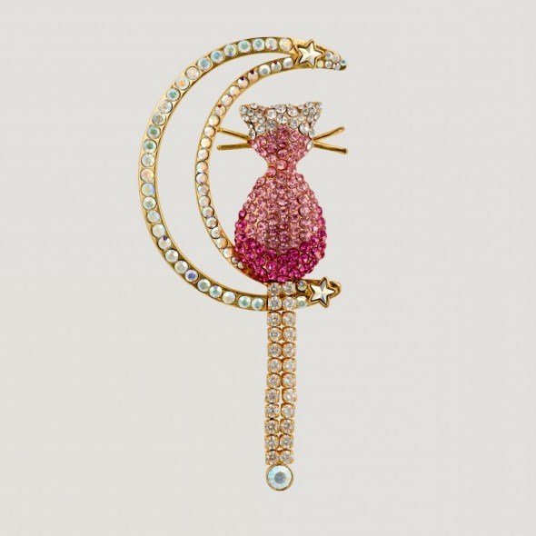 Butler & Wilson PINK CRYSTAL CAT WITH CRESCENT MOON BROOCH – fashion brooches – costume jewellery – crystals – cute cats – animals - flipped