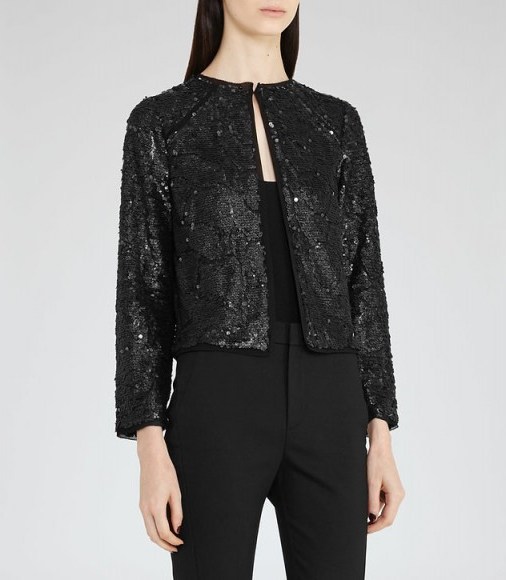 REISS DINAH glitter sequin cover-up in gunmetal ~ sequined evening jackets ~ embellished occasion jacket ~ parties ~ cocktails ~ christmas party fashion - flipped