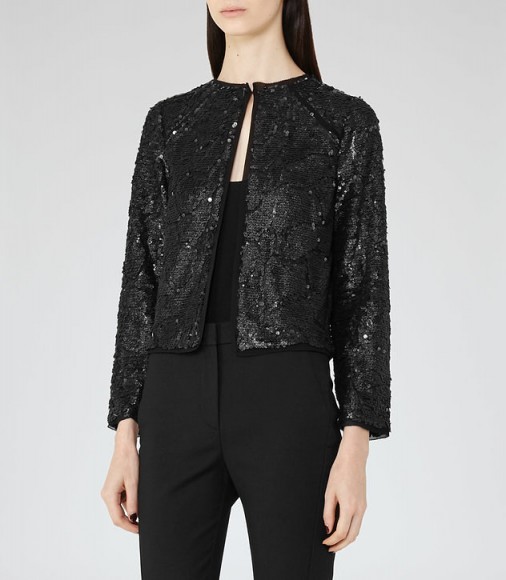 REISS DINAH glitter sequin cover-up in gunmetal ~ sequined evening jackets ~ embellished occasion jacket ~ parties ~ cocktails ~ christmas party fashion