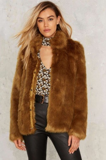 Erin Faux Fur Jacket in brown. Winter jackets | fluffy fashion | on-trend outerwear | warm and stylish - flipped