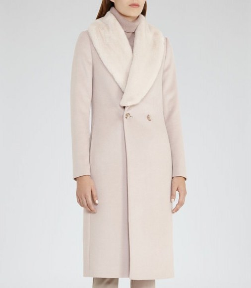 REISS FRANCHESCA faux fur detail coat in cloud ~ pale winter coats ~ neutral colour outerwear ~ chic and stylish fashion - flipped