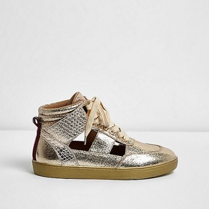river island gold cut-out hi tops. Hi top trainers | flat casual shoes | glam trainers | on-trend footwear | metallic fashion | shiny sneakers - flipped
