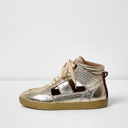 river island gold cut-out hi tops. Hi top trainers | flat casual shoes | glam trainers | on-trend footwear | metallic fashion | shiny sneakers