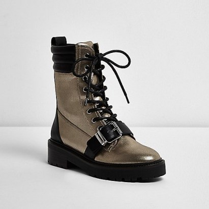 River Island Gold metallic buckle boots – winter ankle boots – on-trend footwear - flipped