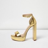 river island gold platform heel sandals ~ metallic evening shoes ~ glam party heels ~ going out platforms ~ ankle strap footwear ~ chunky high heel