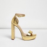 river island gold platform heel sandals ~ metallic evening shoes ~ glam party heels ~ going out platforms ~ ankle strap footwear ~ chunky high heel - flipped