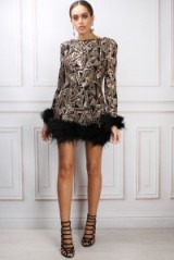 Rare London Limited Edition Gold Sequin and Feather Trim Mini Dress ~ party season ~ sequined evening dresses ~ going out glamour ~ glamorous occasion wear ~ feathered fashion ~ feathers ~ shimmering