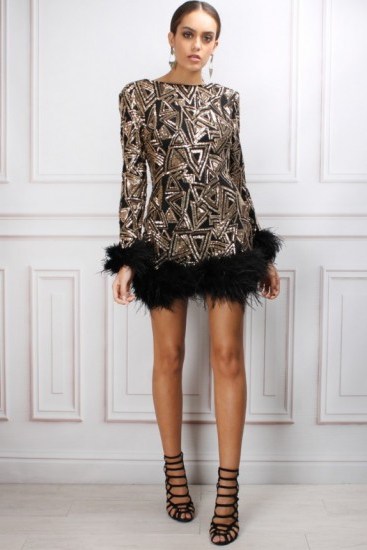 Rare London Limited Edition Gold Sequin and Feather Trim Mini Dress ~ party season ~ sequined evening dresses ~ going out glamour ~ glamorous occasion wear ~ feathered fashion ~ feathers ~ shimmering - flipped