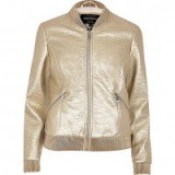 River Island Gold textured bomber jacket – metallic jackets – glamorous outerwear – trending fashion – glitzy