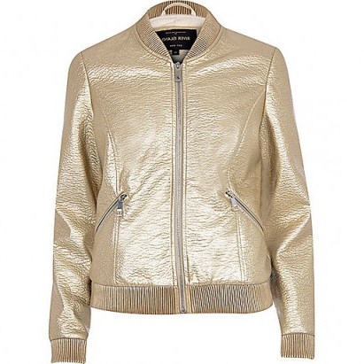 River Island Gold textured bomber jacket – metallic jackets – glamorous outerwear – trending fashion – glitzy - flipped