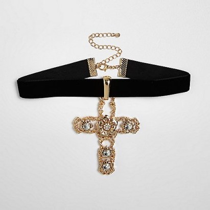 River Island gold tone embellished drop cross choker – glamorous fashion jewellery – going out chokers – large jewel statement crosses – party necklaces – evening accessories – glamour – - flipped