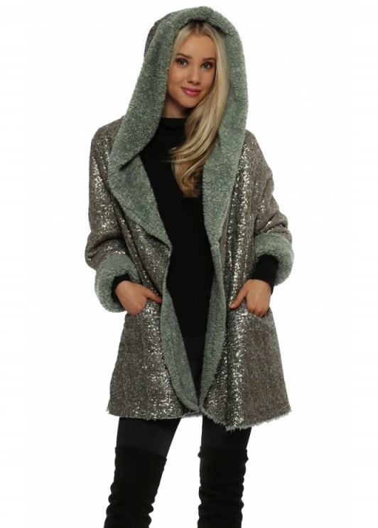 MADE IN ITALY Green Fully Sequinned Hooded Coat. Glamorous coats | sequined outerwear | embellished jackets | autumn/winter fashion | glam | sequins - flipped