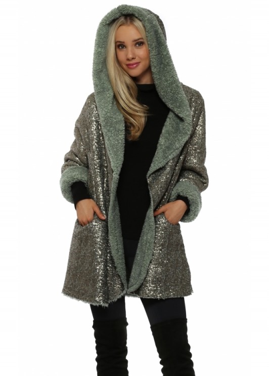 MADE IN ITALY Green Fully Sequinned Hooded Coat. Glamorous coats | sequined outerwear | embellished jackets | autumn/winter fashion | glam | sequins