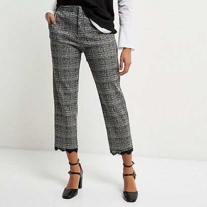River Island grey check lace trim trousers. Cropped leg pants | stylish fashion - flipped