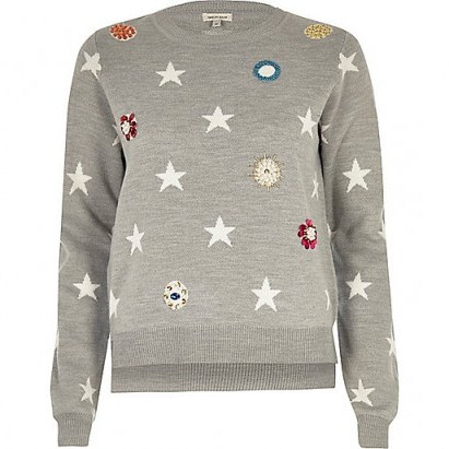 river island grey embellished star jumper. Bead and sequin embellishments | crew neck jumpers | fashionable knitwear | winter fashion - flipped