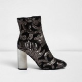 river island grey embroidered sequin block heel boots ~ sequined high heeled ankle boot ~ party footwear ~ evening accessories ~ going out glamour ~ shimmering sequins - flipped