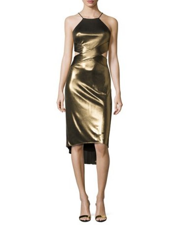 Halston Heritage Sleeveless Cutout Bronze Metallic Jersey Midi Dress ~ metallics ~ designer evening wear ~ luxe occasion dresses ~ cut out fashion - flipped